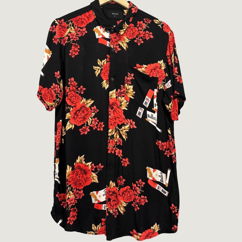 Rolla's Button Up Shirt Mens L Cigarette Pack Floral Print Viscose Short Sleeve